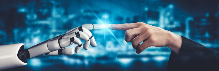 3D rendering artificial intelligence AI research of droid robot and cyborg development for future of people living. Digital data mining and machine learning technology design for computer brain.